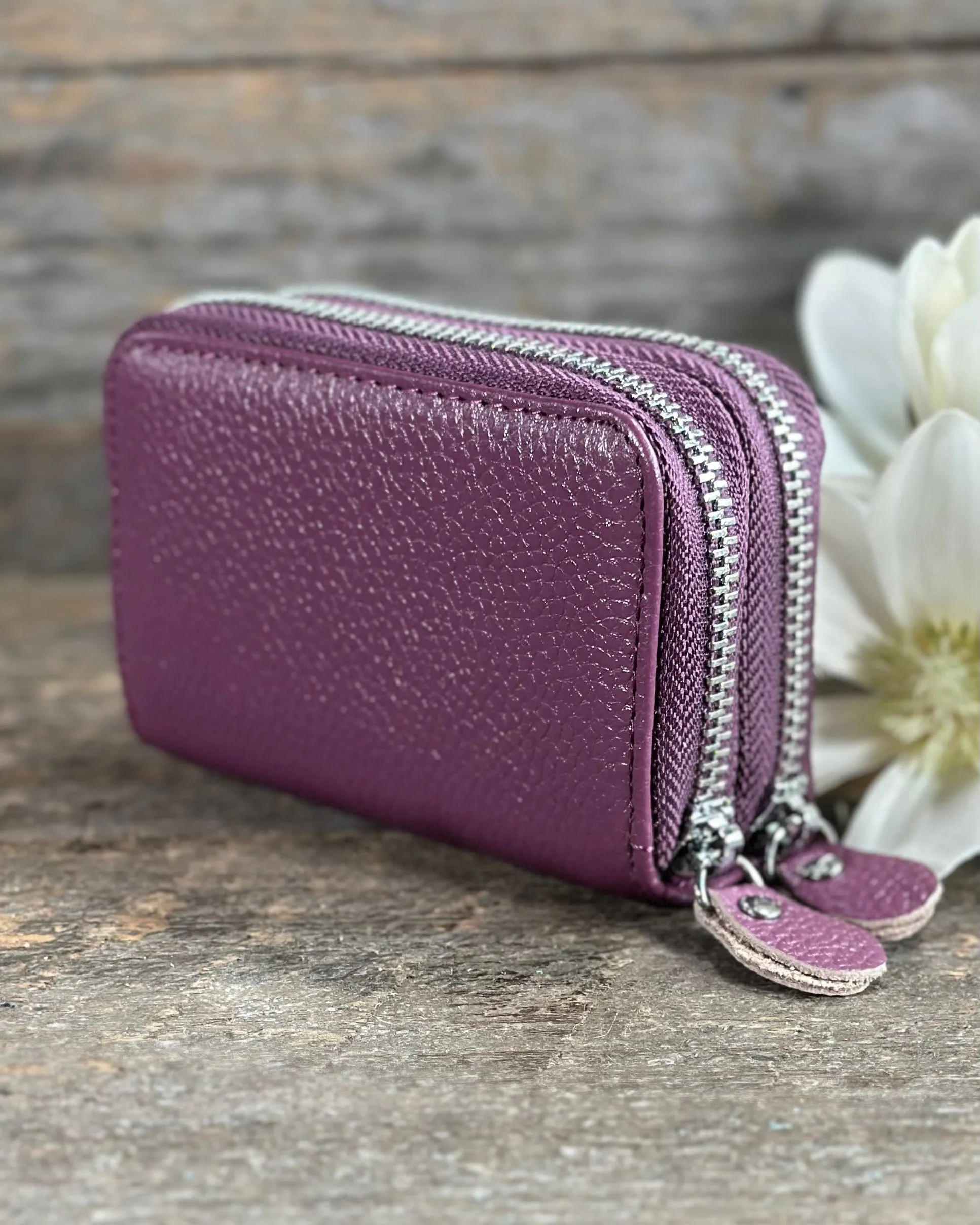 Double Zipped Leather Card Holder Purse - Purple