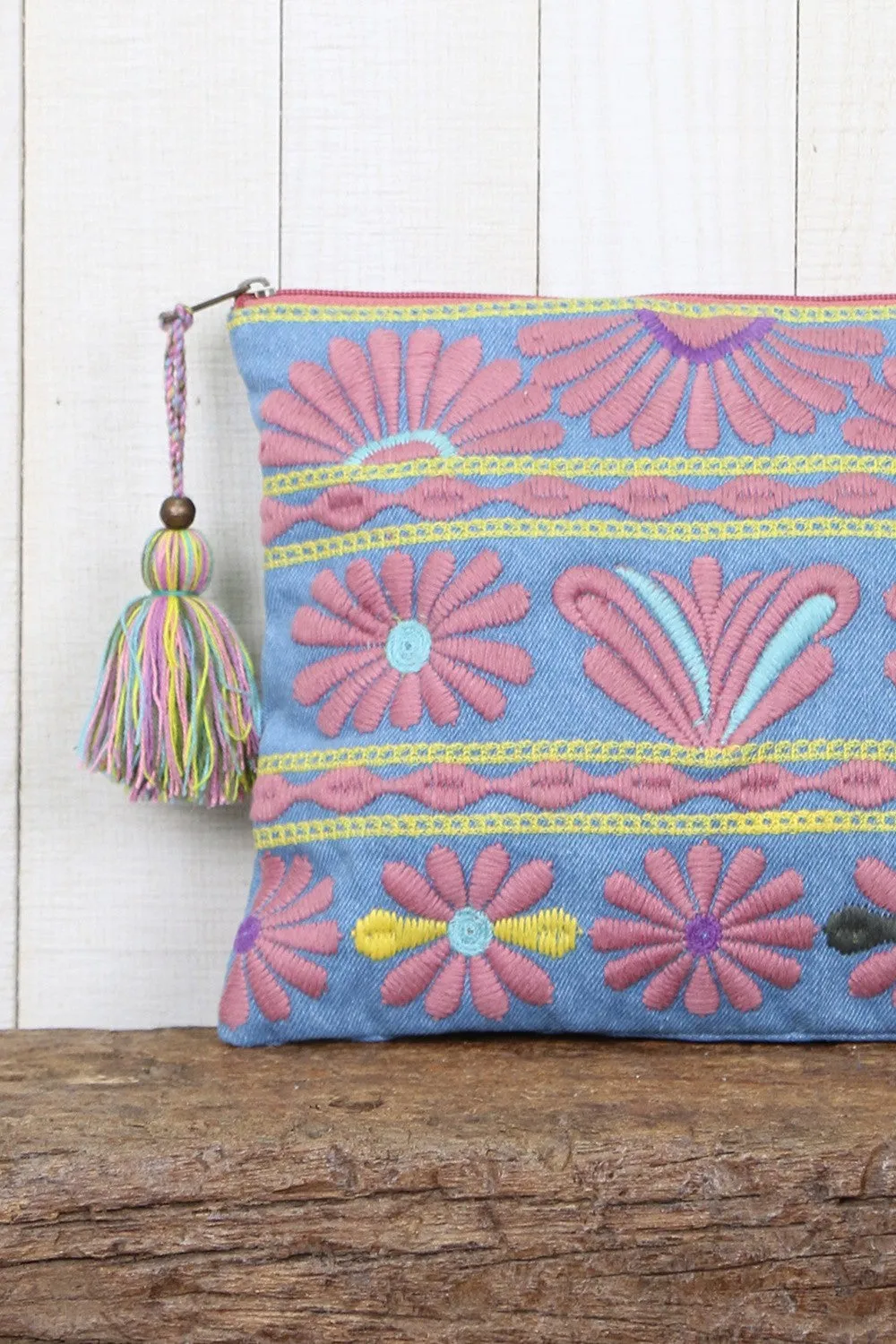 Embroidered Clutch With Tassel Pull