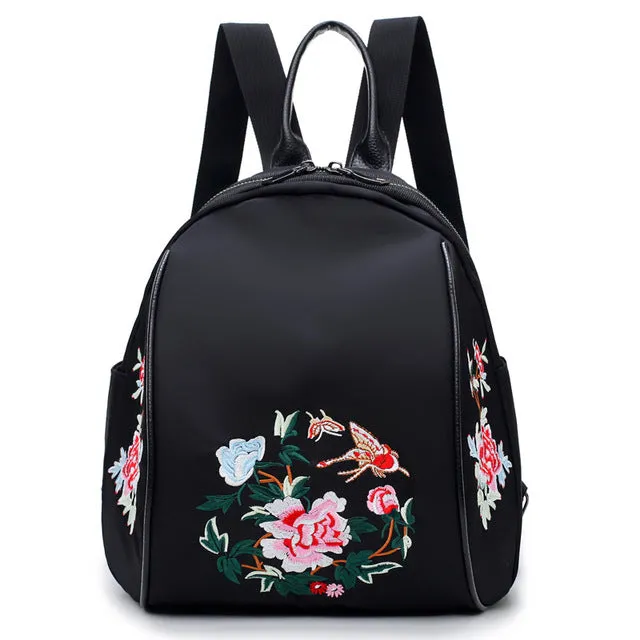 Women Backpack Nylon Waterproof Fashion Shoulder Bag Embroidery Floral Travel Backpacks