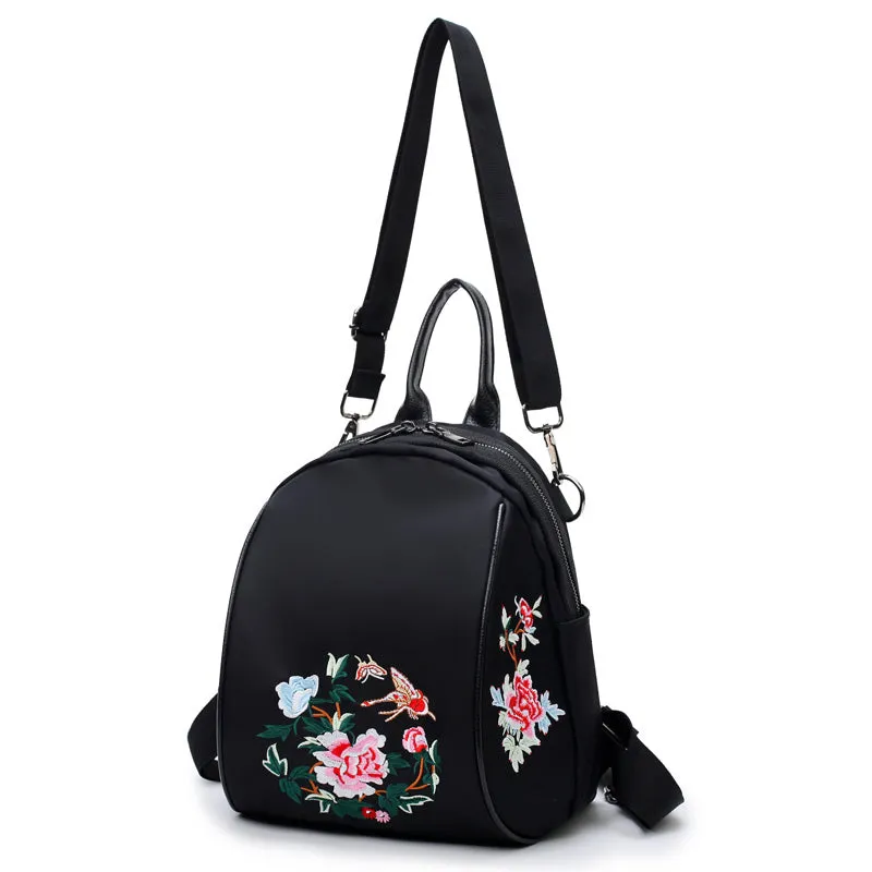 Women Backpack Nylon Waterproof Fashion Shoulder Bag Embroidery Floral Travel Backpacks