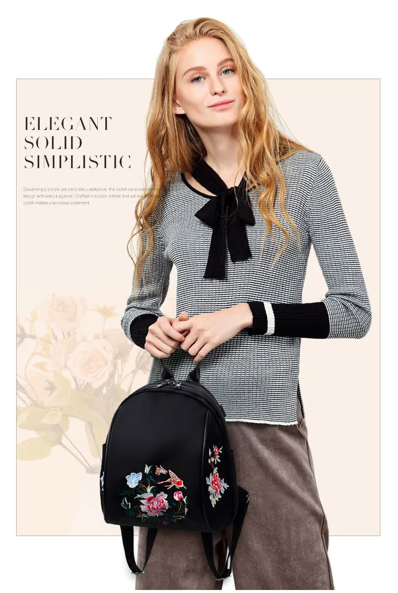 Women Backpack Nylon Waterproof Fashion Shoulder Bag Embroidery Floral Travel Backpacks
