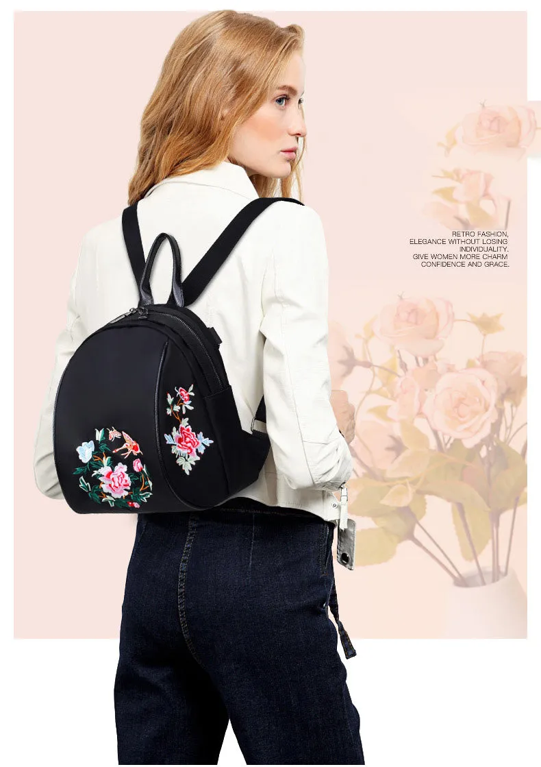Women Backpack Nylon Waterproof Fashion Shoulder Bag Embroidery Floral Travel Backpacks