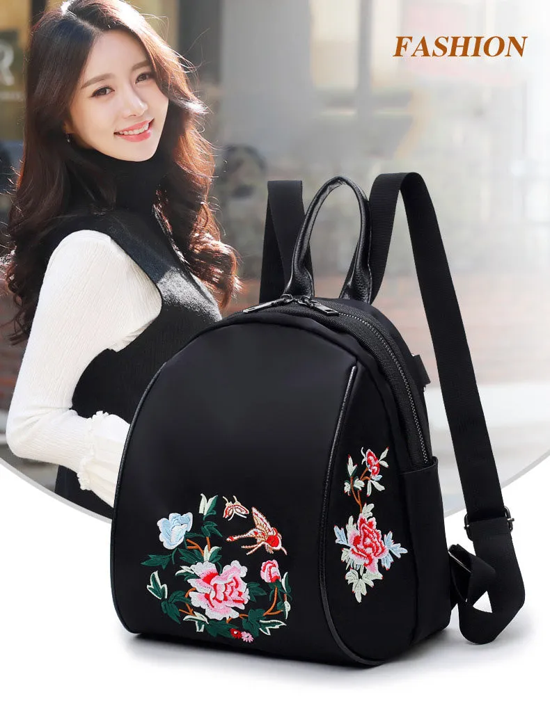 Women Backpack Nylon Waterproof Fashion Shoulder Bag Embroidery Floral Travel Backpacks