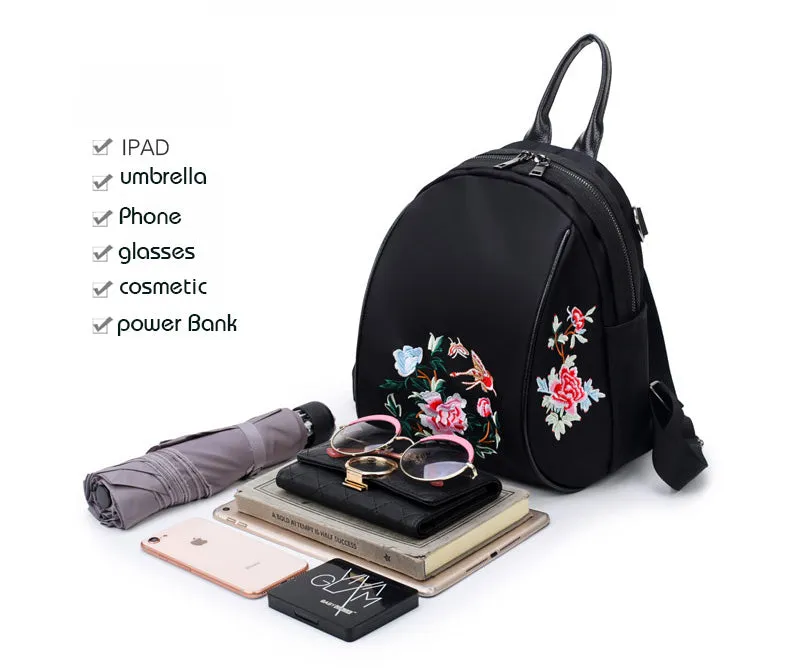 Women Backpack Nylon Waterproof Fashion Shoulder Bag Embroidery Floral Travel Backpacks