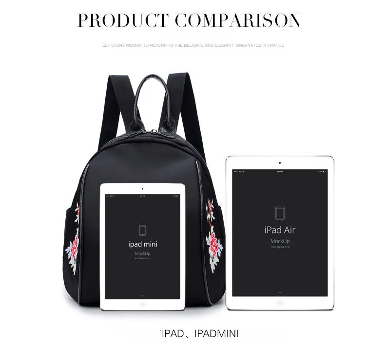 Women Backpack Nylon Waterproof Fashion Shoulder Bag Embroidery Floral Travel Backpacks
