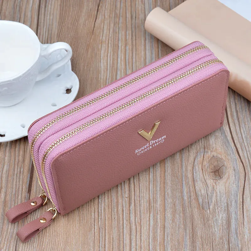 Women's Large Capacity Double Zip Wallet Long Clutch Mobile Phone Credit-Card Purse