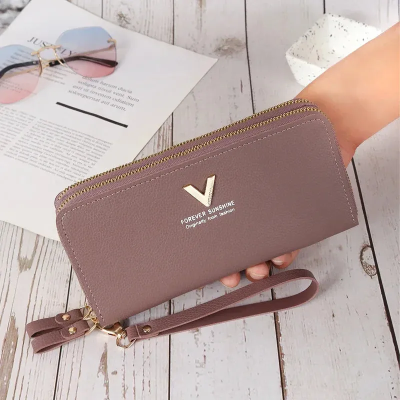 Women's Large Capacity Double Zip Wallet Long Clutch Mobile Phone Credit-Card Purse