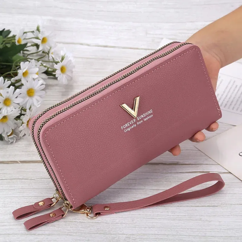 Women's Large Capacity Double Zip Wallet Long Clutch Mobile Phone Credit-Card Purse